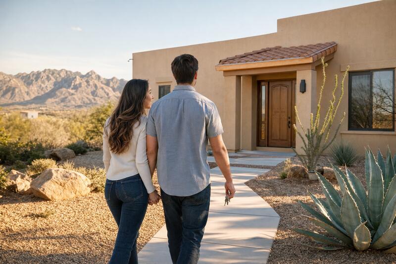 Couple walking up to the front door of a new Southwestern home
