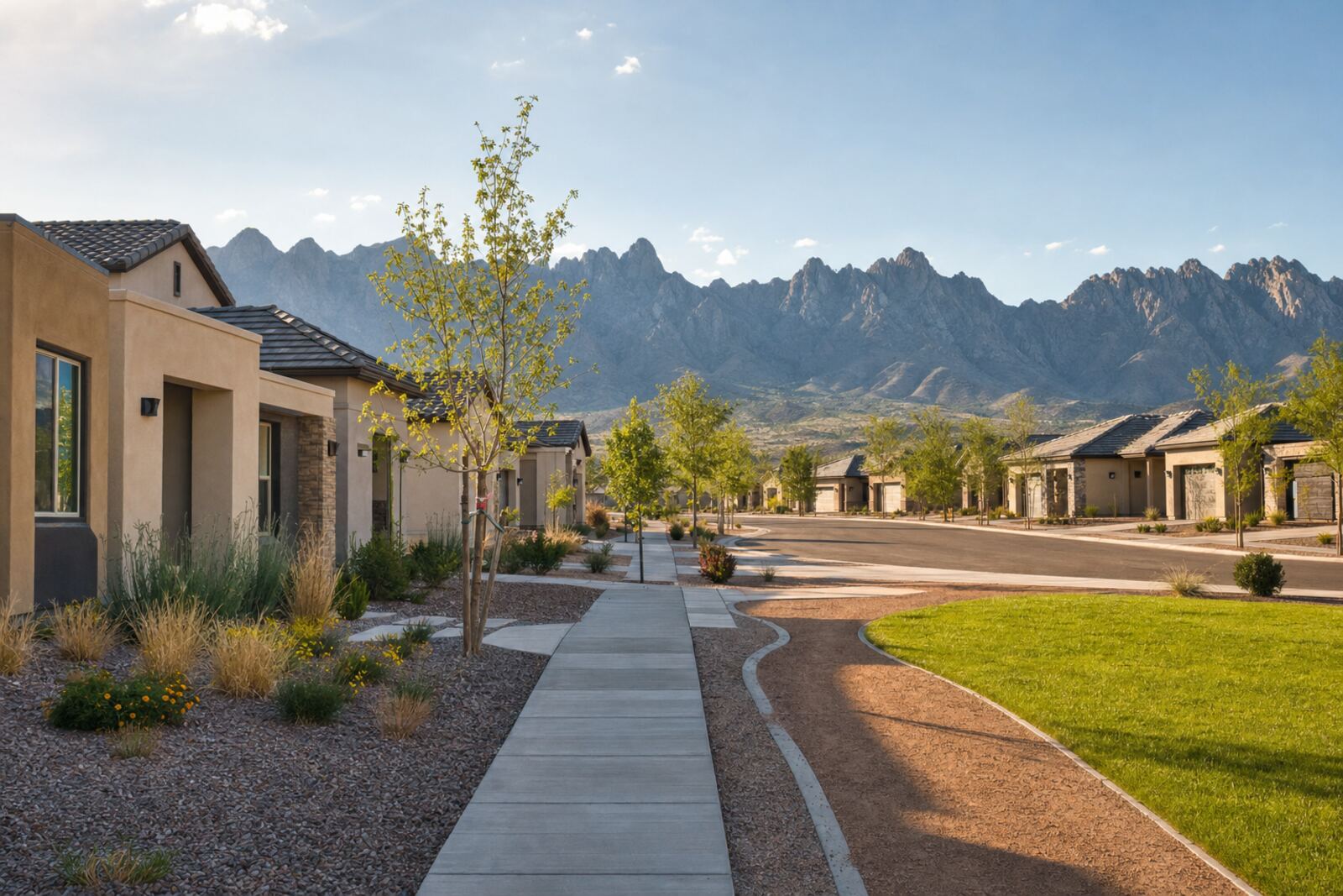 Street of new stucco homes with the mountains behind